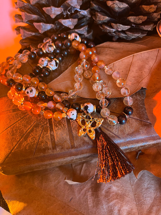 Mala Renaissance 108 – Mala spirituel en grenat, cornaline, citrine – Bijou énergétique de transformation – Méditation – Lithothérapie